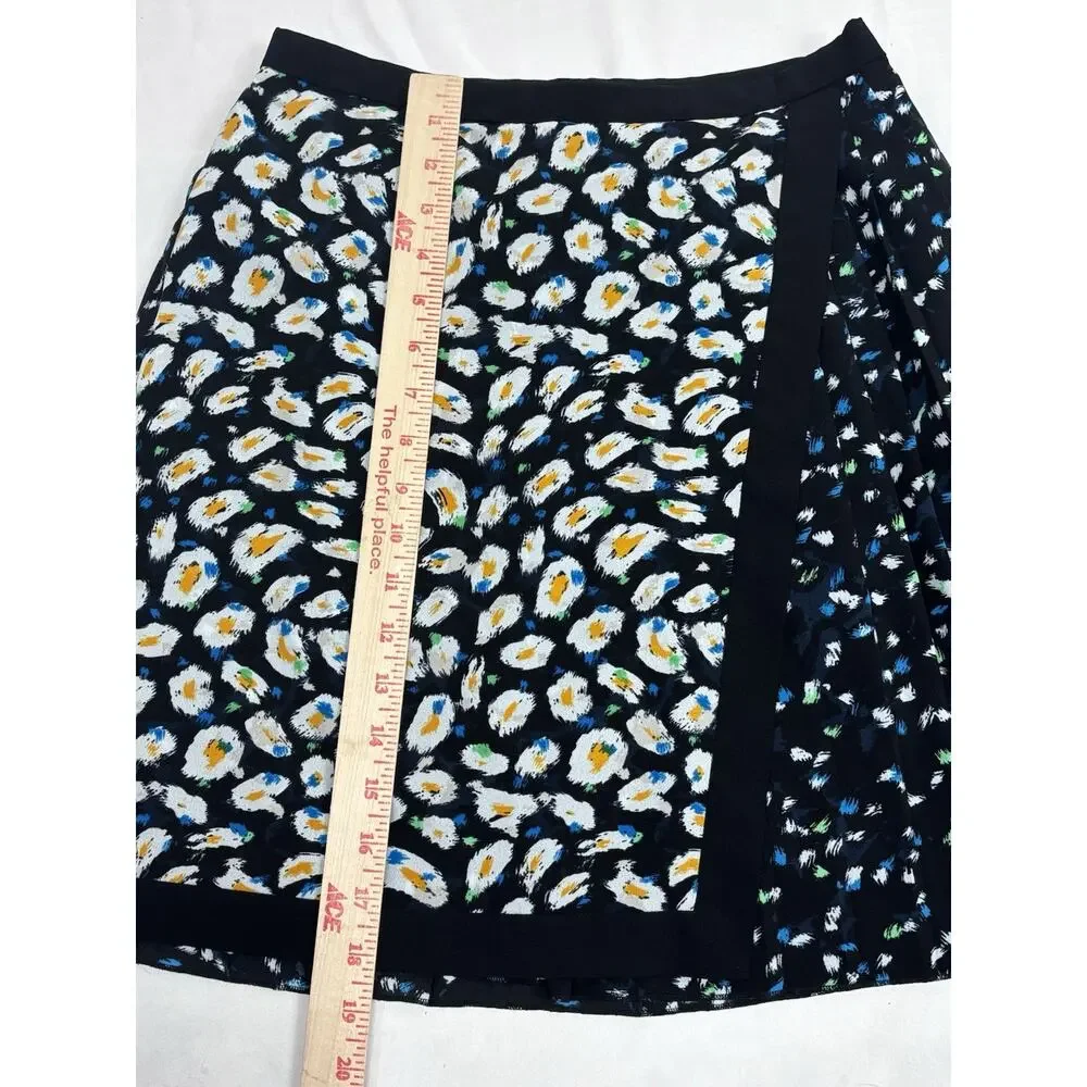 J.Crew Faux Wrap Pleated A-Line Skirt Black Blue White Graphic Mixed Print Sz 0